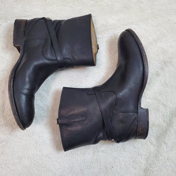 Frye‎ & Co. Lindsey Plate Black Leather Short Heel Ankle Boots Shoes Women 8 B - Picture 1 of 11